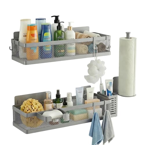 PUSDON 5-in-1 16.5" Extra Long Slim Wall Mount Wrapped Mesh Kitchen Organizer & Shower Caddy Kit, with Paper Towel Holder, Utensil Holder, Soap Dish, Holds 50LBS - Silver Gray, Netting - color: Silver Grey, size: 5-in-1 Full Mesh (16.5" Extra Long)