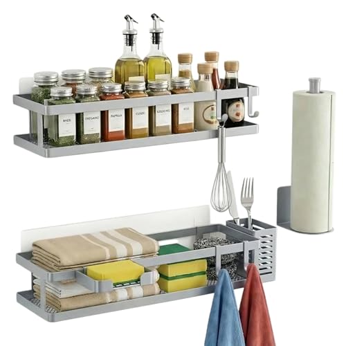 PUSDON 5-in-1 16.5" Extra Long Kitchen Organizer & Shower Caddy Set, Wall Mount Spice Rack with Paper Towel Holder, Utensil Holder & Soap Dish, Rustproof Mesh - Silver Gray, Guardrail - color: Silver Grey, size: 5-in-1 Minimalist (16.5" Extra Long)