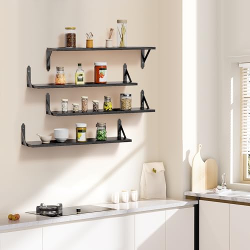 ROMGUAR CRAFT Wood Wall Floating Shelves Set of 4, 23.6" x 6" - Black - color: Black, size: 23.6" x 6"