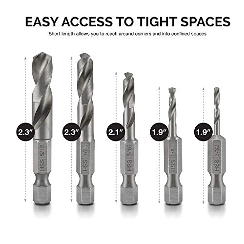 NEIKO 11402A Stubby Drill Bit Set for Metal, 5 Piece 1/4" Quick Change Hex Shank, M2 High Speed Steel for Quick Change, Chucks and Drives Drill Bit Holder Included, Hex Shank Drill Bit Set - size: 5 Piece, style: Stubby