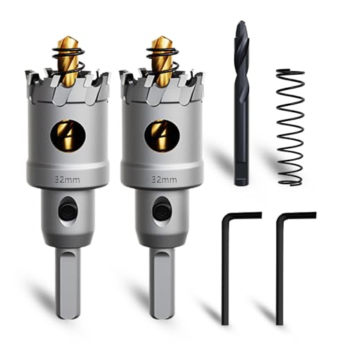 Metal Hole Saw 1-1/4''(32mm) 2Pcs Set Heavy Duty Tungsten Carbide Tipped Hole Cutters Set with a nitrided Step Drill and L-flench, for Steel Iron,Aluminum,Stainless stell,Plastic - size: 1-1/4''(32mm)-2PCS