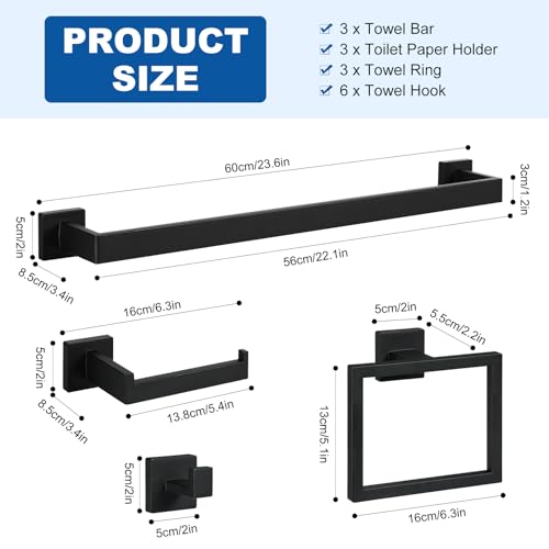 Cilee 10-Pieces Matte Black Bathroom Hardware Set, 24 inch Towel Bar Set - color: 10 - Matte Black, size: 10 Pieces