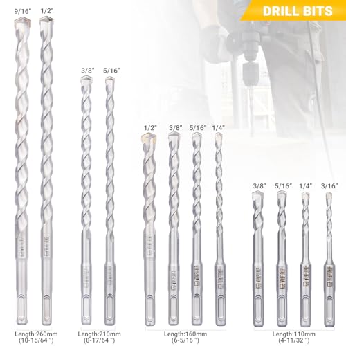 TGFTGF 17-Piece SDS Plus Rotary Hammer Drill Bits and Chisel Set, YG8C Carbide Tips, SDS Plus Bits, Masonry Drill Bit Set for Concrete, Brick and Stone, with Storage Case, Ideal Tool for DIY, Home - size: 17PCS