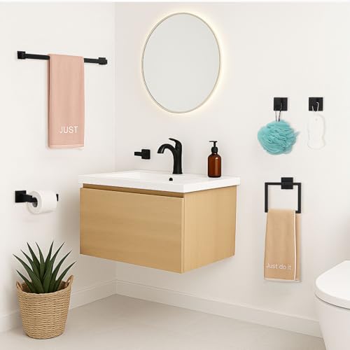 5-Piece Matte Black Bathroom Hardware Accessories Set - 16 Inch Stainless Steel Wall Mounted Towel Rack, Toilet Paper Holder, Towel Ring & 2 Hooks, Bathroom Organizer and Storage - color: A-16 Matte Black