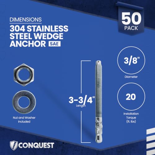 Conquest 304 Stainless Steel Wedge Anchors for Concrete 3/8” x 3-3/4” - size: 3/8" x 3-3/4"