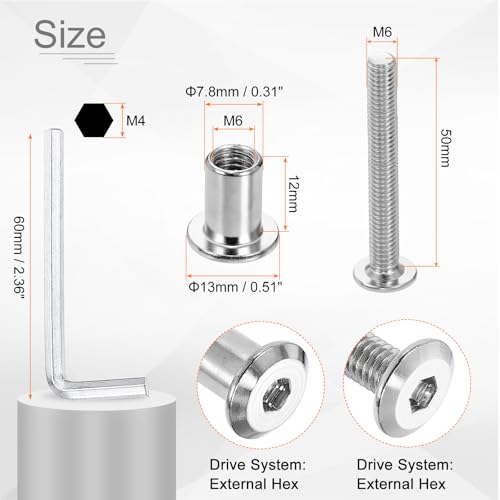 HARFINGTON 10 Set M6x50mm Hex Drive Socket Cap Bolt and M6x12mm Nuts with M4 Hex Wrench, Furniture Connector Bolts and Screws for Furniture Countersunk Belt, Silver - size: M6x50mm, M6x12mm