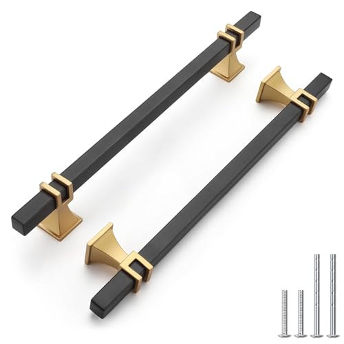 Haliwu 10 Pack Black and Gold Cabinet Pulls, 6-5/16 inch Kitchen Handles, Square Dresser Drawer Hardware - color: Black & Matte Gold, size: Hole Center Spacing：160mm (6-5/16 inch)