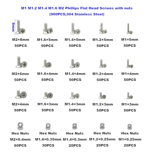 900PCS M1-M2 304 SS Phillips Flat Head Micro Machine Screws Nuts Kit - size: M1M1.2M1.4M1.6M2