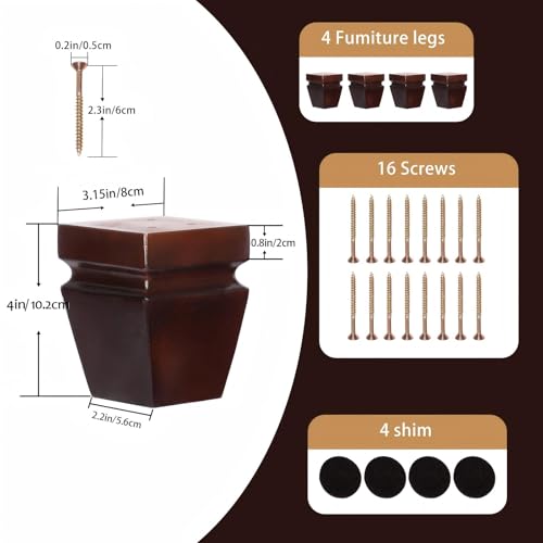 Wood Legs for Furniture 4 inch Heavy Duty Sofa Legs Square Brown Bed Legs Pack of 4, Mid Century Chair Feet, Sofa Replacement Parts, Dresser Leg Sideboard Recliner Couch Riser - color: Brown, size: 4"H*3.15"W (No Hanger Bolt)