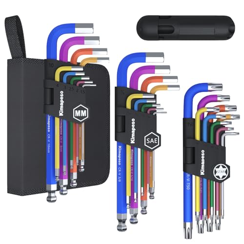 27 PCS Allen Key Set Torx SAE Metric Allen Wrenches Set Long Arm Ball End Hex Key Wrench Sets with T-Handle L-Hex Key Set Metric 1.5 to 10mm SAE 1/16 to 3/8″ Torx T10 to T50 - size: 27PCS Torx SAE Metric