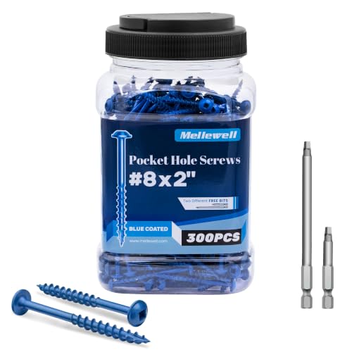 Mellewell #8 x 2 Blue Coated Pocket Hole Screws, Square Drive Self Tapping Wood Screws, Coarse Thread Anti-Rust Coated Wood Screw, 65MM 150MM Drive Bits Included, Carbon Steel, 300 PCS - color: Blue, size: #8 x 2"