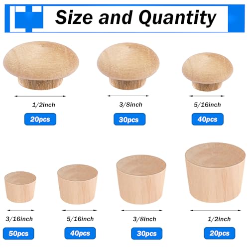 smseace 230Pcs 7-Sizes Wood Plugs 3/16" 5/16"，3/8"，1/2" Wooden Hole Plugs for Holes in Furniture/Table and Chair Legs/Cabinet Reserved Holes/Outdoor Equipment Wood Plugs Assortment Kit - style: Button+Round Wood Plugs