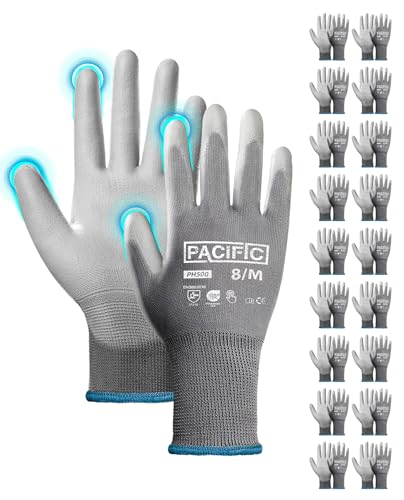PACIFIC PPE PU Coated Grip Work Gloves, Touchscreen, Seamless Knit, Medium - color: Gery (18 Pairs), size: Medium(Fits like S)