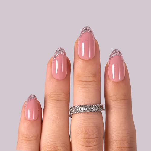 CurvLife Medium Almond Glitter Press On Nails, Glitter Grace Nude - color: D4 - Glitter Grace