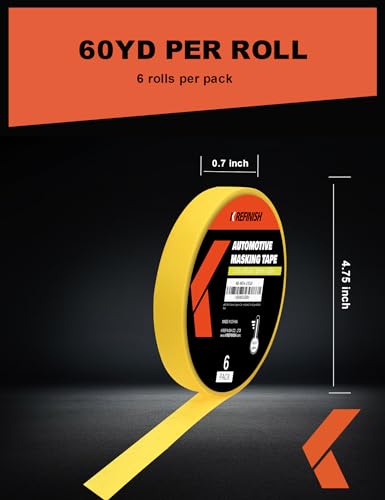 KREFINISH Painters Tape for Cars Vehicles Paint Tape Auto Body Yellow Masking Tape Heat Resistant Automotive Removable No Residue Painting Tape Bulk Set for Paint Booth, 0.7in-60 yards/6rolls - size: 0.7in-6rolls