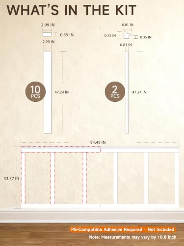 Upick Board and Batten Wainscoting Panels, Paintable, 94" x 54", White - size: 94x54 IN
