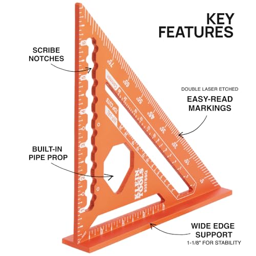 Klein Tools 9357SSQ Rafter Square, 7-Inch, Double Laser Etched Aluminum, Multi-Functional, Carpenter Measuring Layout Tool, Triangle Ruler for Woodworking - size: Rafter Square, 7-Inch