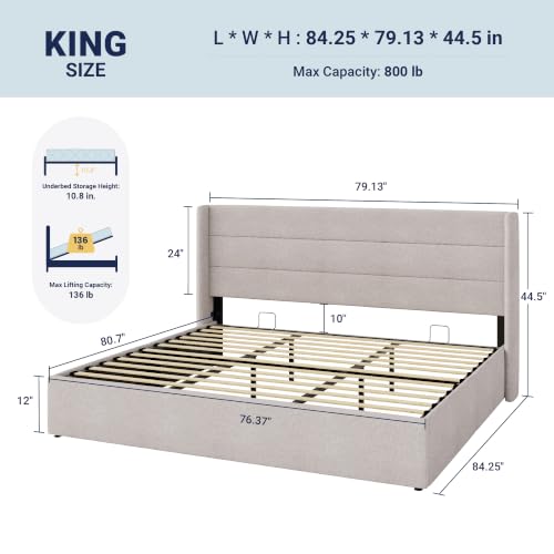 Allewie King Size Lift Up Hydraulic Storage Bed Frame Light Beige - color: Beige, size: King, style: Modern