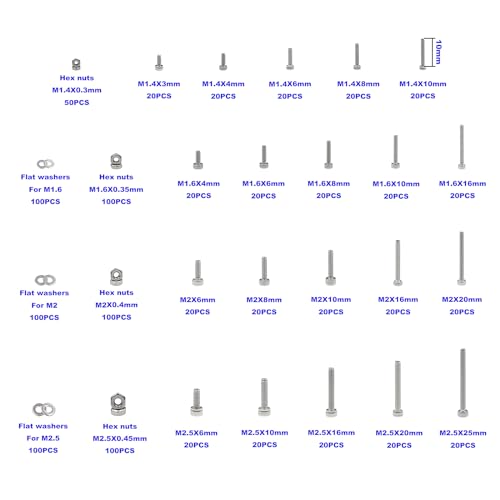 1050PCS M1.4-M2.5 304 SS Socket Head Cap Screws Nuts Flat Washers Kit