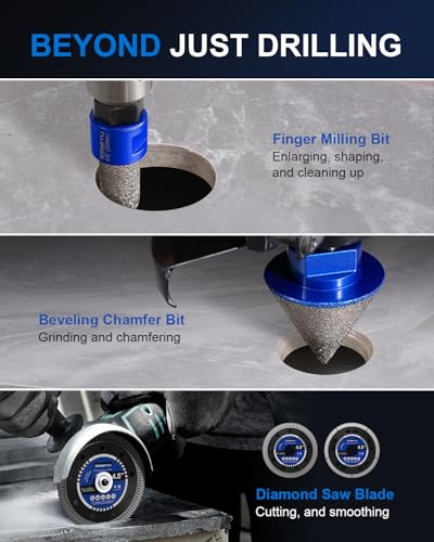 15Pcs Diamond Hole Saw Kit, Tile Hole Saw Kit for Quartz & Granite | 9 Hole Saws (1/4" to 4"), Finger Bit & Chamfer Bit Included, Hex & SDS Plus Adapters, Vacuum Brazed Diamond - size: 1/4",5/16",4/5",1",1-3/8",2",3",4"