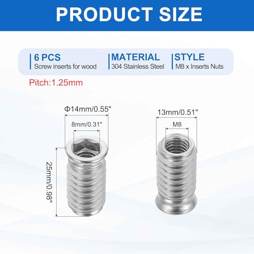MECCANIXITY 6Pcs Threaded Inserts Nuts, M8x25mm Hex Socket Drive Nut Inserts for Wood - 304 Stainless Steel Screws Furniture Screw in Nuts Bolt Fastener Connector Wood - size: M8x25mm