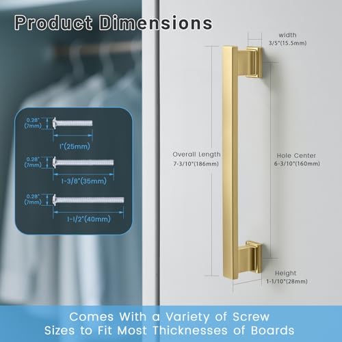KNOBWELL 6 Pack Brushed Gold Solid Cabinet Pulls 6-3/10 Inch(160mm) Hole Center Kitchen Cabinet Handles,Cabinet Hardware for Cupboard Drawer Pulls - color: Brushed Gold, size: Hole Center：6-3/10 inch（160mm）