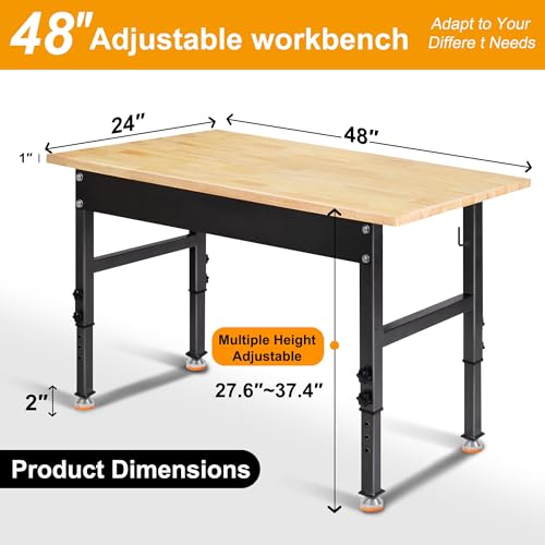 48" Adjustable Work Bench, Rubber Wood Top Workbench - size: 48 inches
