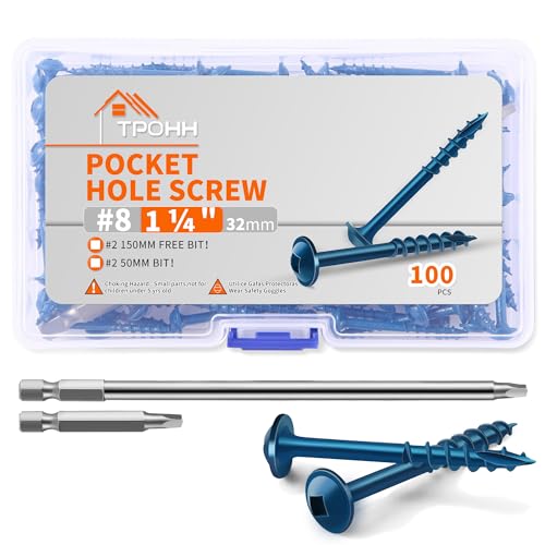 TPOHH #8 x 1-1/4" Blue Coated, Hardened Steel Pocket Hole Screws, No.8 x 1-1/4 Inch Square Drive Washer Head Wood Screw, 2 Inch & 6 Inch Bit Included, Partially Threaded Self Tapping, 100 PCS - size: #8 X 1-1/4 inch