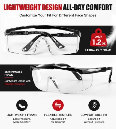antools 2 Pack ANSI Z87+ Safety Glasses, Anti-Fog, Scratch-Resistant, Adjustable Temples, Clear Protective Eyewear, Lab Goggles