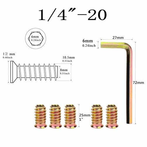 40Pcs 1/4"-20 x 25mm Furniture Screw in Nut Threaded Wood Inserts Bolt Fastener Connector Hex Socket Drive for Wood Furniture Assortment (with Hex Spanner) - size: 1/4"-20 x25mm