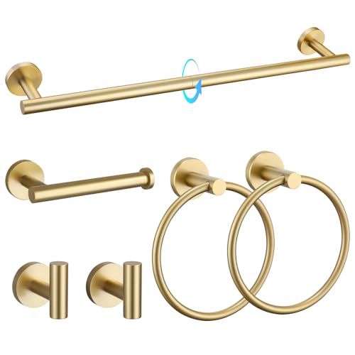 TQKAG Brushed Gold Bathroom Hardware Set 6-Piece Bathroom Accessory Set 23.6 Inch Round Stainless Steel Towel Bar Set Wall Mounted - color: Brushed Gold, size: 6-Pieces Set