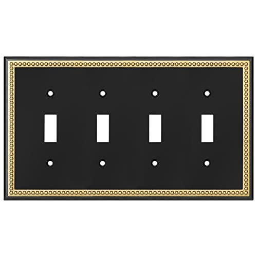 Pearled Frame Decorative Wall Plate Switch Plate Outlet Cover (Quad Toggle, Black & Dark Golden) - style: Quad Toggle