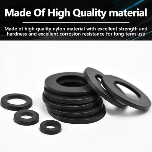 350pcs Black Nylon Flat Round Washer Spacer,7 Sizes M2-M8 Black Flat Washers Assortment Kit,Countersunk Plastic Spacer Thickness Gasket Ring Hardware Tool Fastener for Screw M2 M2.5 M3 M4 M5 M6 M8