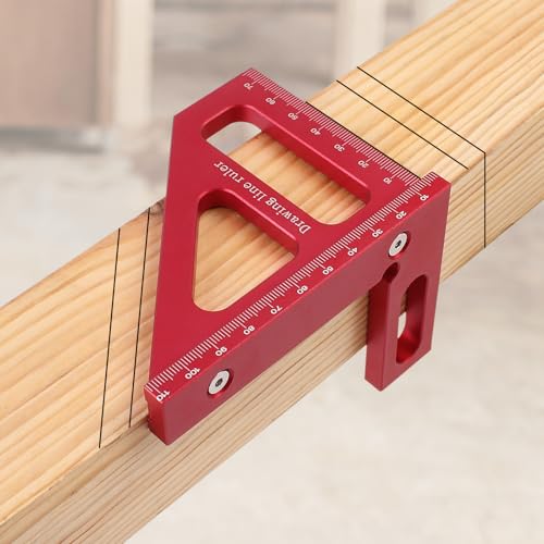 3D Multi-Angle Measuring Ruler,45/90 Degree Aluminum Alloy Woodworking Square Protractor,Drawing Line Ruler, Miter Triangle Ruler High Precision Layout Measuring Tool for Engineer Carpenter,R - color: Red(Metric)