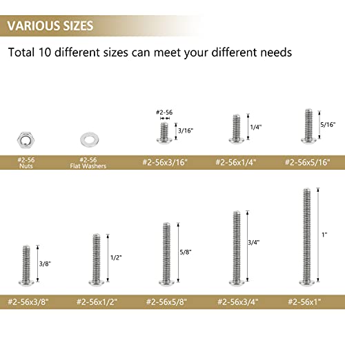 252 Pieces #2-56 x 3/16", 1/4", 5/16", 3/8", 1/2", 5/8", 3/4", 1", Button Head Socket Cap Screws Nuts Washers Assortment Kit, 304 Stainless Steel, Fully Machine Thread - size: #2-56, style: Button Head
