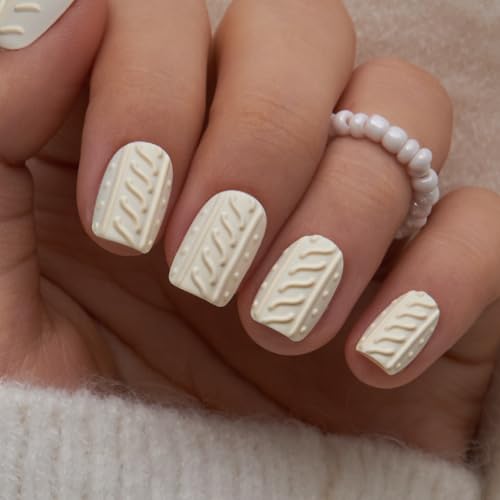CurvLife Short Square 3D Press On Nails, Sweater Knit White, Soft Gel - color: Cream Yellow 3D Sweater Nails