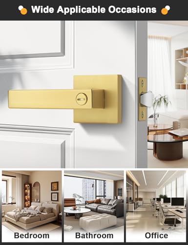 Gobrico 1 Pack Heavy Duty Gold Square Privacy Interior Door Levers, Satin Brass Finish, Bedroom and Bathroom Door Handles Keyless Bed/Bath Lockset - color: Brushed Gold