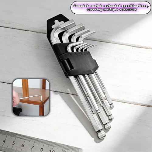 Professional 9-Piece Ball End Hex Key Set, Chrome Vanadium Steel L-Wrenches, 1.5-10mm Metric Sizes, Industrial-Grade with Storage Case for Automotive, Motorcycle, DIY Repair (L) - size: L