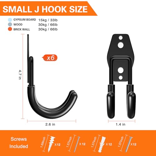 HUPBIPY Heavy Duty Garage Hooks 6 Pack, J Shaped Hanger, Wall Mounted Storage System, Power and Garden Tool Organizer, for Hanging Ladders, Bikes Tires, Hose, Bulk Items - color: Black Small J Hook