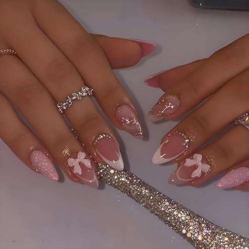 LPOODDNU Almond French Tip Press on Nails - Medium Pink Fake Nails with 3D Bow Diamond Glitter Designs, Glossy Finished Reusable False Nails with Glue Tabs - 24Pcs Nail Kit for Women Manicure - color: 3d bow french pink glitter