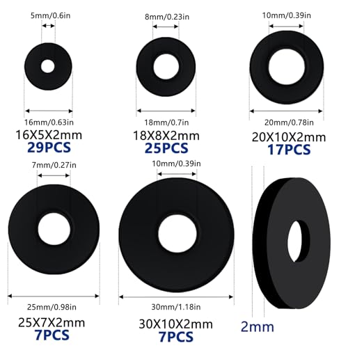 85Pcs Flat Rubber Washers Assortment Kit,16/18/20/25/30mm Black Washer,Vibration Absorbing Pads Sealing Rubber Washers for Faucets Garden Bolts Screws Hose Plumbing Shower Head- 5 Sizes