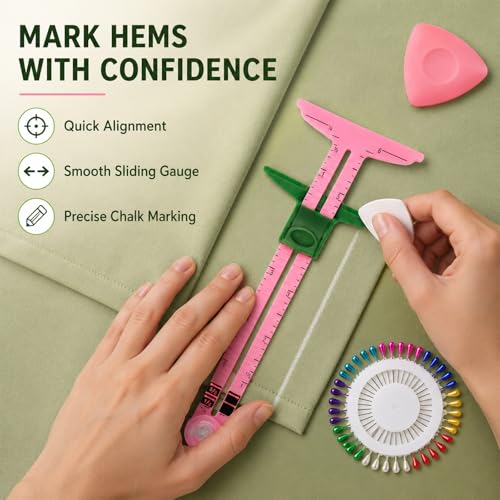 Sewing Gauge Measuring Tool Set, 5-in-1 Sliding Marker & Seam Gauge Ruler | Acrylic T-Shaped Quilting Ruler Set, Essential Sewing & Quilting Tools for Hemming, Buttonhole Marking & Crafting 5Pcs Pink - color: Pink