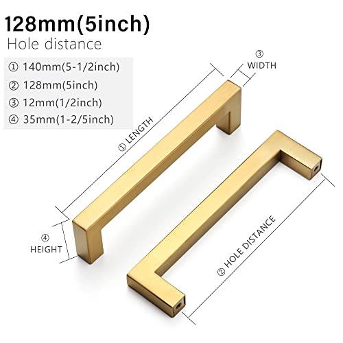 Cabinet Pulls Gold Cabinet Handles Square Drawer Pulls, 5 Pack 5 Inch Stainless Steel Kitchen Door Cupboard Cabinet Handles, Drawer Hardware Handles, 128mm Hole Centers - color: Gold, size: Two Hole - 5 inch Hole Centers(128mm)