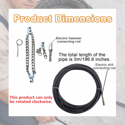16.4 Ft Flex Shaft Sewer Cleaning Tool, Flex‑Shaft Sewer Descaling Chain, Push-Type Rotary Cable Sewer Dredge for PVC Pipes, Toilets, Traps & Industrial Boilers