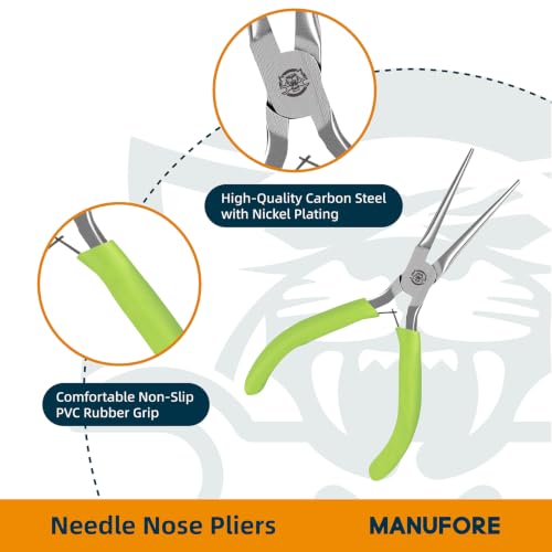 MANUFORE 2-Piece 6 Inch Green Mini Needle Nose Pliers with Non‑Serrated Jaw - color: Green