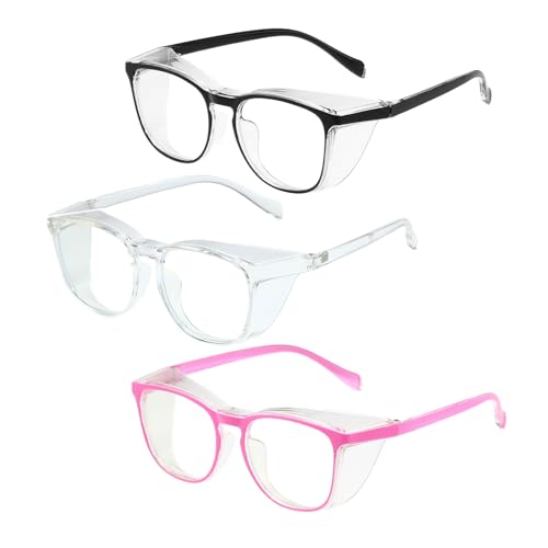 Safety Glasses for Men Women Nurses Anti Fog Stylish Fashion Comfortable Goggles with Side Shields Eye Protection for Adult - color: 3-pack: Pink, Black, Clear