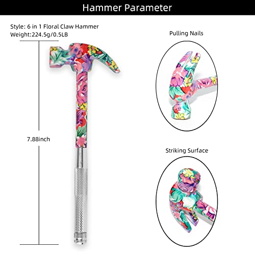 YOUMI 6 in 1 Multifunctional Floral Hammer & Screwdriver Tool Set Claw Hammer with Slotted/Flat Head Phillips Screwdriver Nail Puller Best Christmas Thanksgiving Halloween Gift for Her(Pink) - color: Red