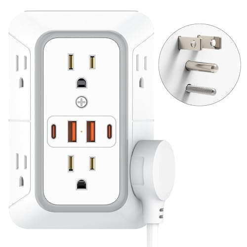 Outlet Extender 6 AC Surge Protection 1050J,Wall Charger 2 USB A&2 USB C - size: 1 pack