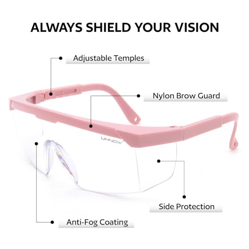 UKNOW Safety Glasses 2 Pack - Anti Fog Safety Goggles ANSI Z87.1 - Adjustable Protective Eyewear - Clear Lens Lab Goggles - color: Pink