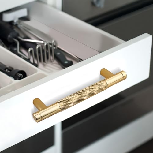 12 Pack 3 3/4 Inch 96 mm GoldKnurled Cabinet Handles Cabinet Pulls Aluminum Handles Pulls Oxidation Finish with Diamond Pattern 5" Length (3.75" Hole Center) - color: Gold, size: 3 3/4 Inch